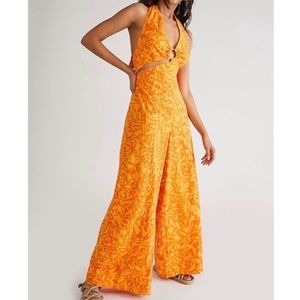 NEW Free People Kira Jumpsuit Orange Abstract Print Halter Wide Leg Medium NWOT